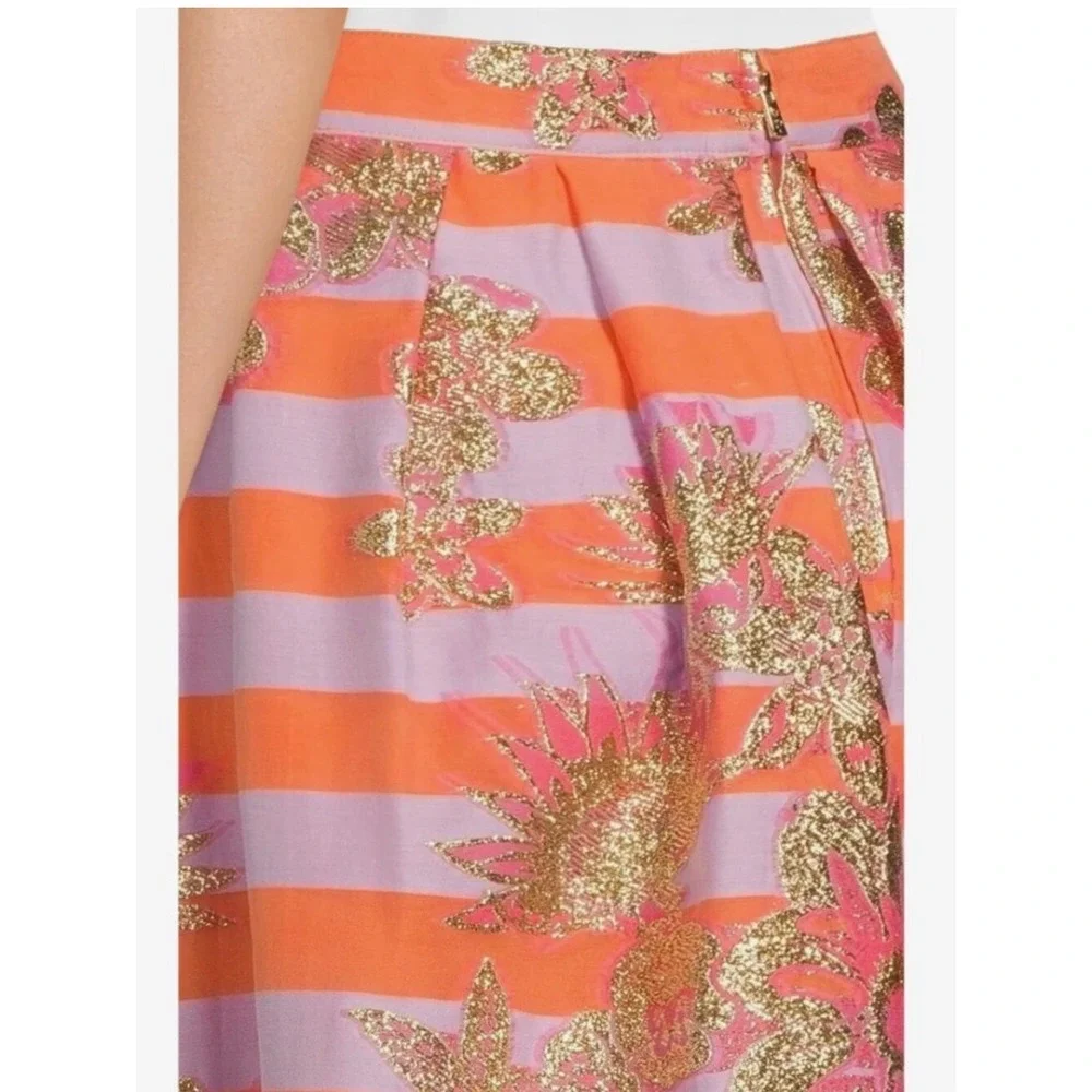 Lilly Pulitzer Lauderdale Midi Skirt Papaya 00 Orange Pink Gold Floral Metallic